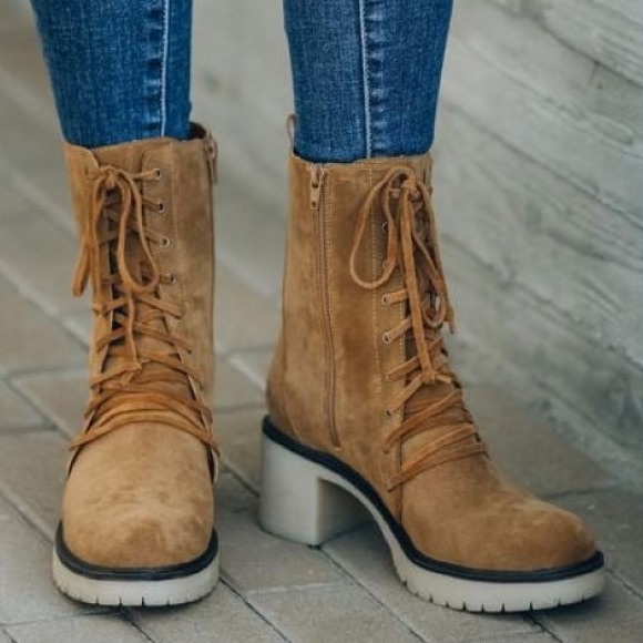 NWT Oasis Society Vegan Leather Suede Lace Up Chunky Boots Booties Camel Brown - Picture 3 of 7